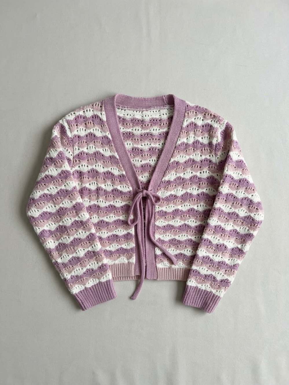 Hem & Thread Lilac and Ivory Tie-Front Crochet Cardigan